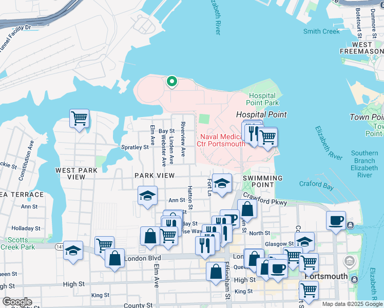 map of restaurants, bars, coffee shops, grocery stores, and more near 118 Parkview Avenue in Portsmouth
