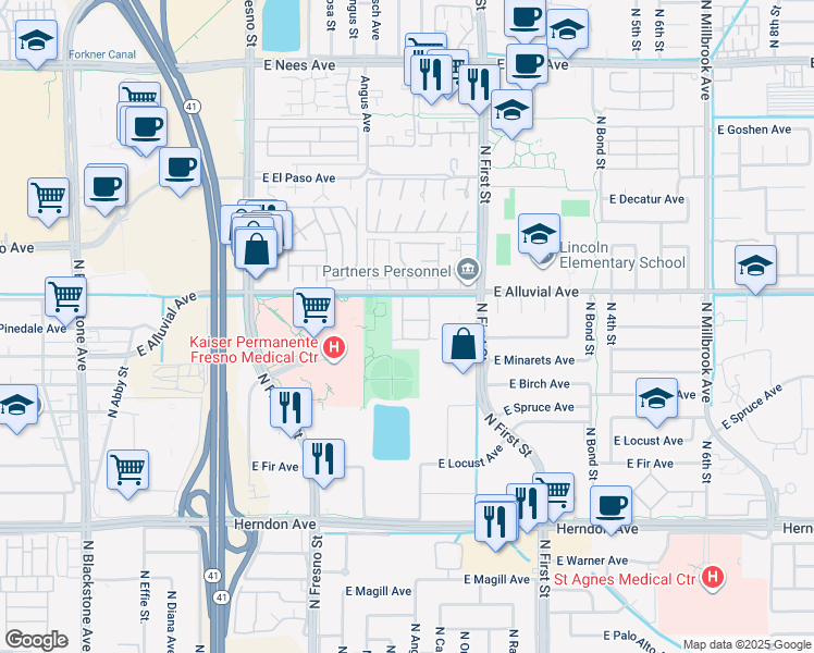 map of restaurants, bars, coffee shops, grocery stores, and more near 473 East Alluvial Avenue in Fresno
