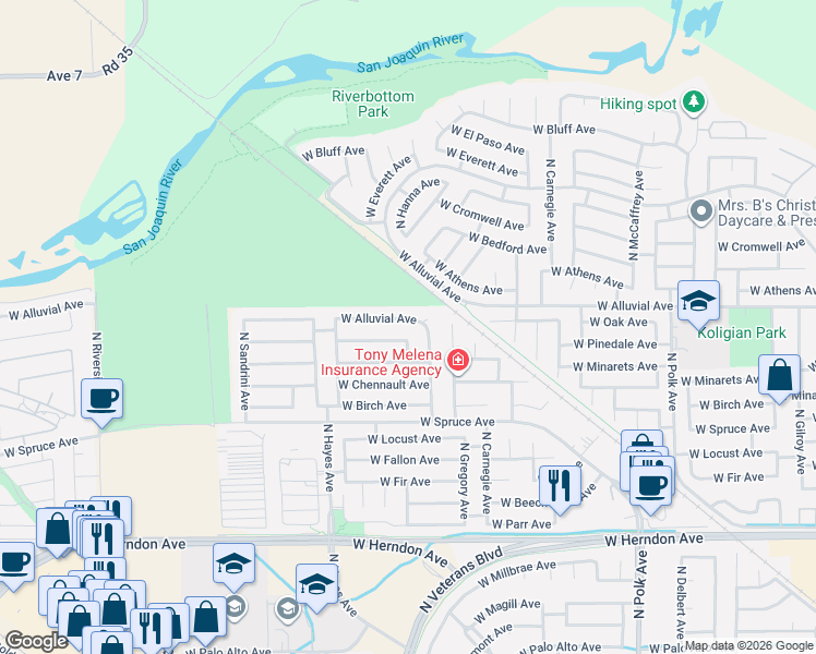 map of restaurants, bars, coffee shops, grocery stores, and more near 7395 North Gregory Avenue in Fresno