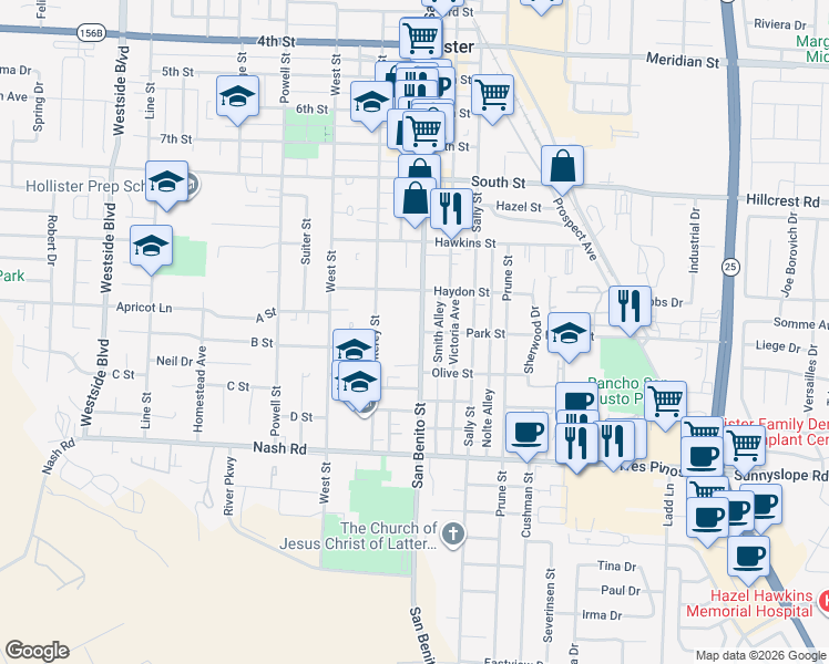 map of restaurants, bars, coffee shops, grocery stores, and more near 1130 San Benito Street in Hollister