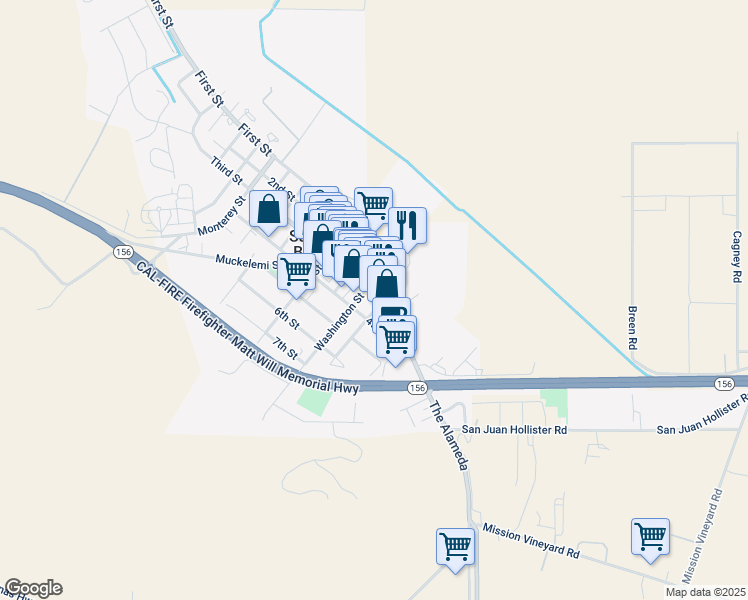 map of restaurants, bars, coffee shops, grocery stores, and more near 41 Franklin Street in San Juan Bautista