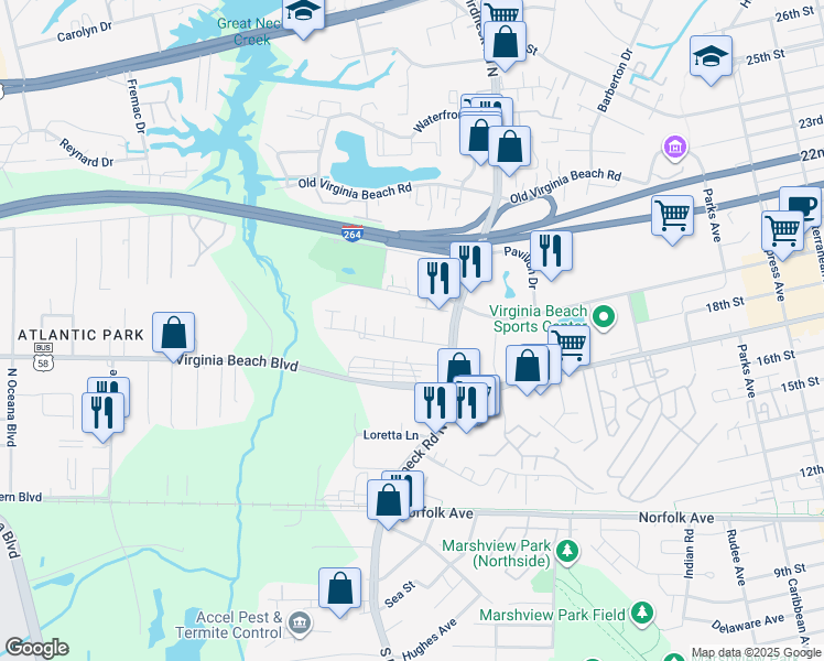 map of restaurants, bars, coffee shops, grocery stores, and more near 1127 Carver Avenue in Virginia Beach