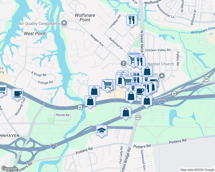 map of restaurants, bars, coffee shops, grocery stores, and more near 2404 Virginia Beach Boulevard in Virginia Beach