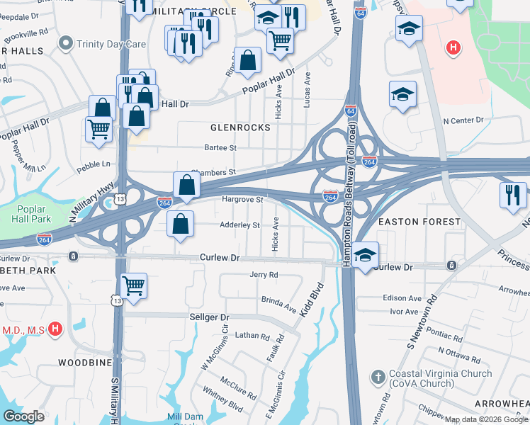 map of restaurants, bars, coffee shops, grocery stores, and more near 5920 Adderley Street in Norfolk