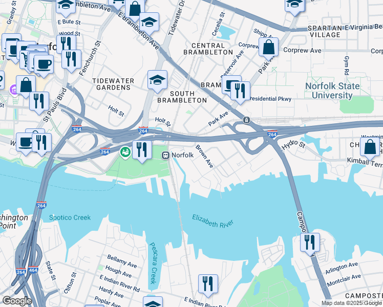 map of restaurants, bars, coffee shops, grocery stores, and more near 1707 Brown Avenue in Norfolk