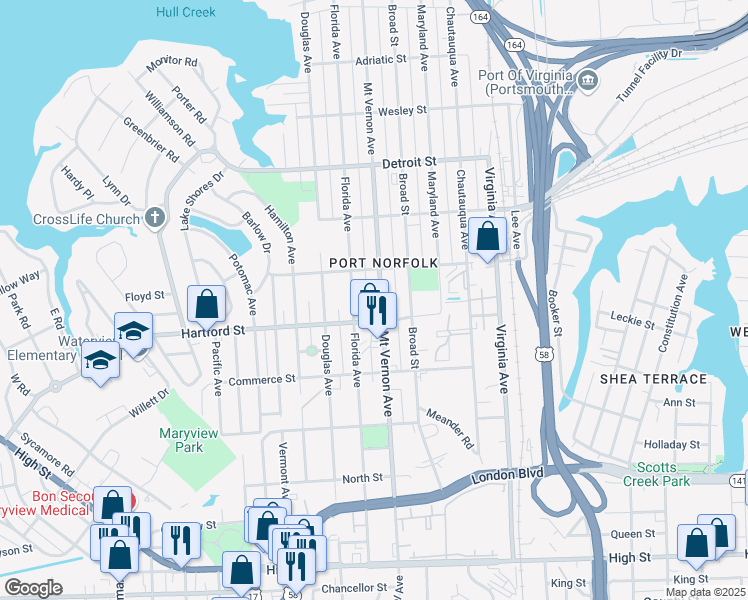 map of restaurants, bars, coffee shops, grocery stores, and more near 660 Mount Vernon Avenue in Portsmouth
