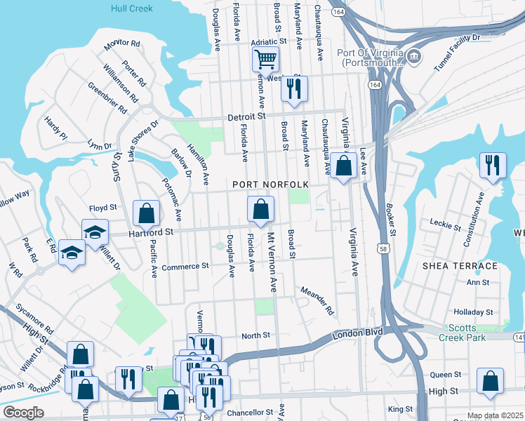 map of restaurants, bars, coffee shops, grocery stores, and more near 660 Mount Vernon Avenue in Portsmouth