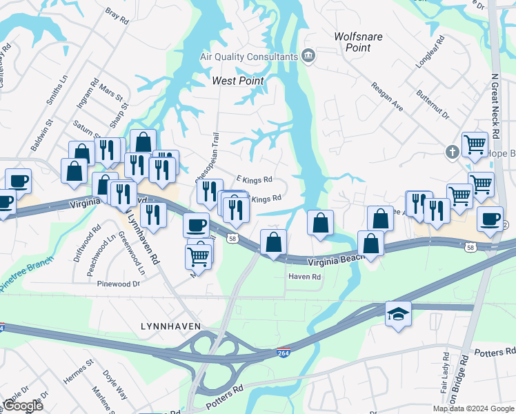 map of restaurants, bars, coffee shops, grocery stores, and more near 2633 South Kings Road in Virginia Beach