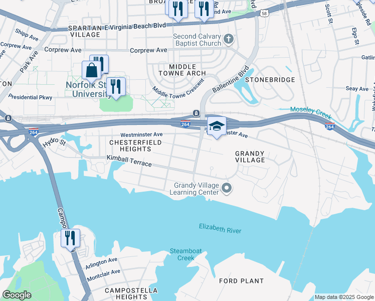 map of restaurants, bars, coffee shops, grocery stores, and more near 2827 Victoria Avenue in Norfolk