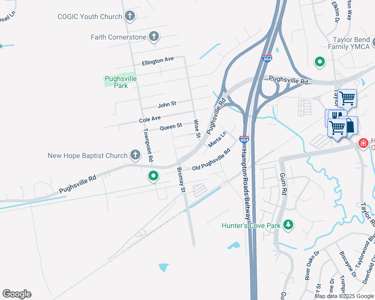 map of restaurants, bars, coffee shops, grocery stores, and more near 5115 Bute Street in Chesapeake