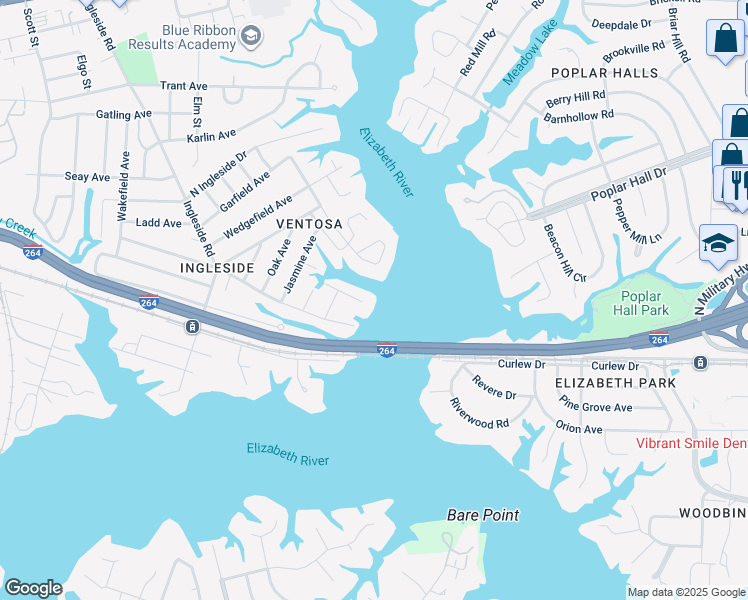 map of restaurants, bars, coffee shops, grocery stores, and more near 3768 Brennan Avenue in Norfolk