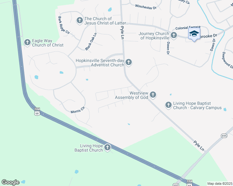 map of restaurants, bars, coffee shops, grocery stores, and more near 535 Fox Chase Court in Hopkinsville