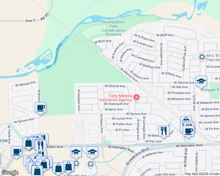 map of restaurants, bars, coffee shops, grocery stores, and more near 6001 West Alluvial Avenue in Fresno