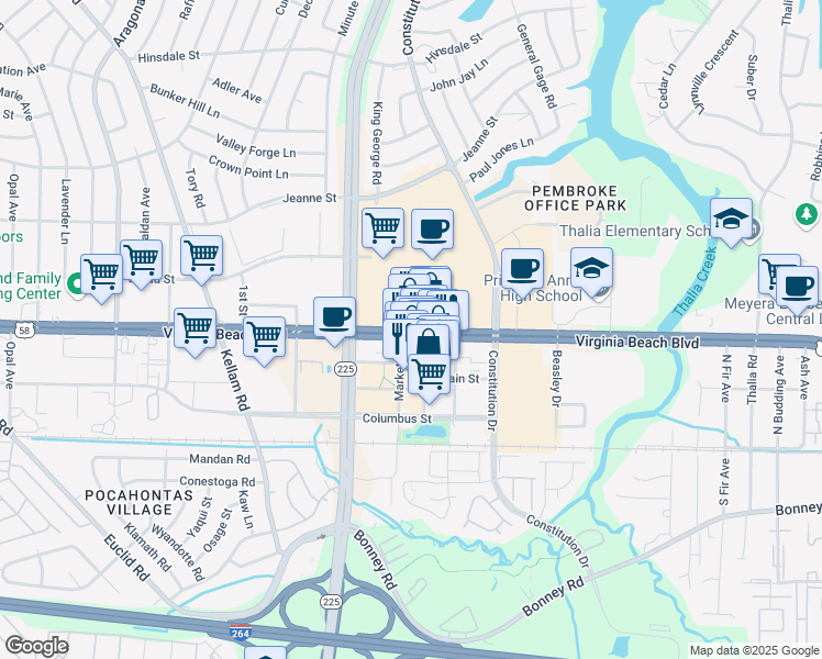 map of restaurants, bars, coffee shops, grocery stores, and more near 4564 Virginia Beach Boulevard in Virginia Beach