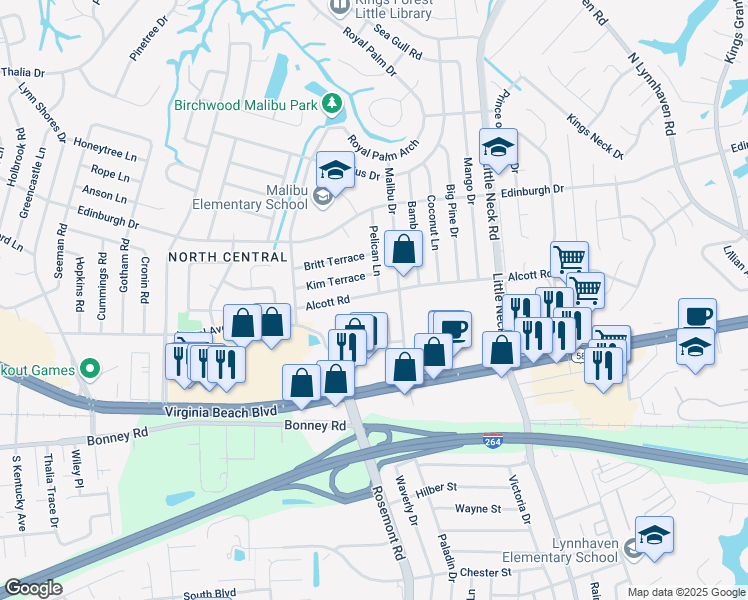 map of restaurants, bars, coffee shops, grocery stores, and more near 3612 Malibu Palms Drive in Virginia Beach