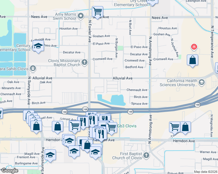 map of restaurants, bars, coffee shops, grocery stores, and more near 1946 Chennault Avenue in Clovis