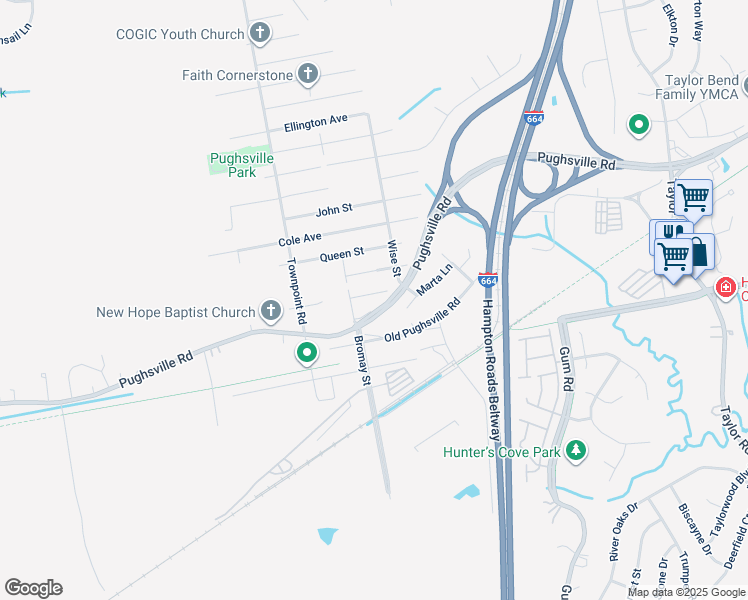 map of restaurants, bars, coffee shops, grocery stores, and more near 5115 Bute Street in Chesapeake