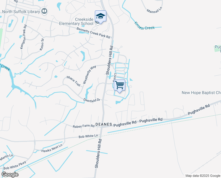 map of restaurants, bars, coffee shops, grocery stores, and more near 3301 Burlington Street in Suffolk