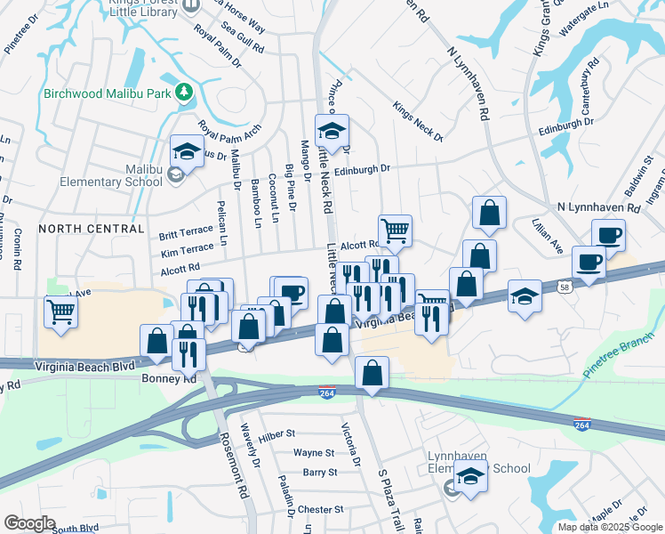 map of restaurants, bars, coffee shops, grocery stores, and more near 355 Little Neck Road in Virginia Beach