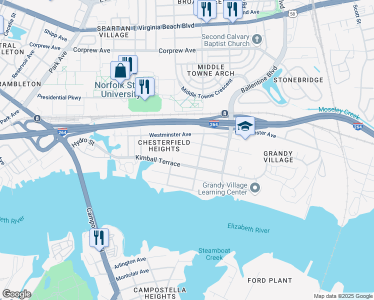 map of restaurants, bars, coffee shops, grocery stores, and more near 2708 Kimball Terrace in Norfolk