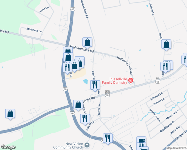 map of restaurants, bars, coffee shops, grocery stores, and more near 1099 Sportsman Club Road in Russellville