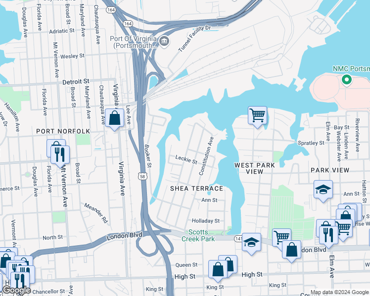 map of restaurants, bars, coffee shops, grocery stores, and more near 128 Sandpiper Drive in Portsmouth