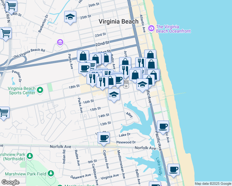 map of restaurants, bars, coffee shops, grocery stores, and more near 505 16th Street in Virginia Beach