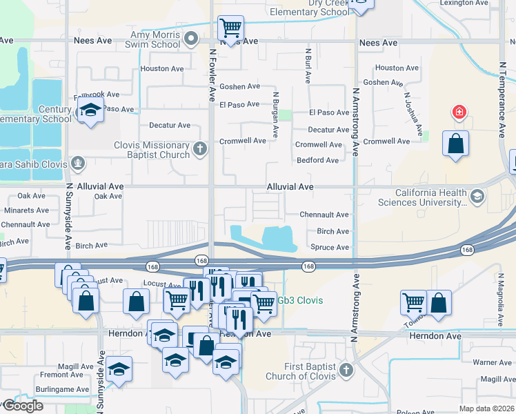 map of restaurants, bars, coffee shops, grocery stores, and more near 1946 Chennault Avenue in Clovis