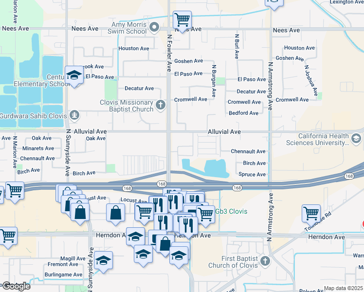 map of restaurants, bars, coffee shops, grocery stores, and more near 765 North Fowler Avenue in Clovis