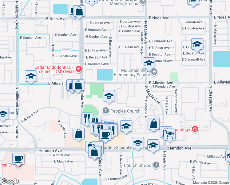 map of restaurants, bars, coffee shops, grocery stores, and more near 7385 North Mansionette Drive in Fresno