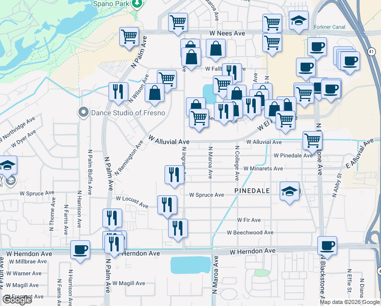 map of restaurants, bars, coffee shops, grocery stores, and more near 7343 North Ingram Avenue in Fresno