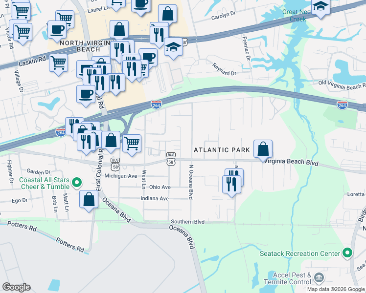 map of restaurants, bars, coffee shops, grocery stores, and more near 1516 Virginia Beach Boulevard in Virginia Beach