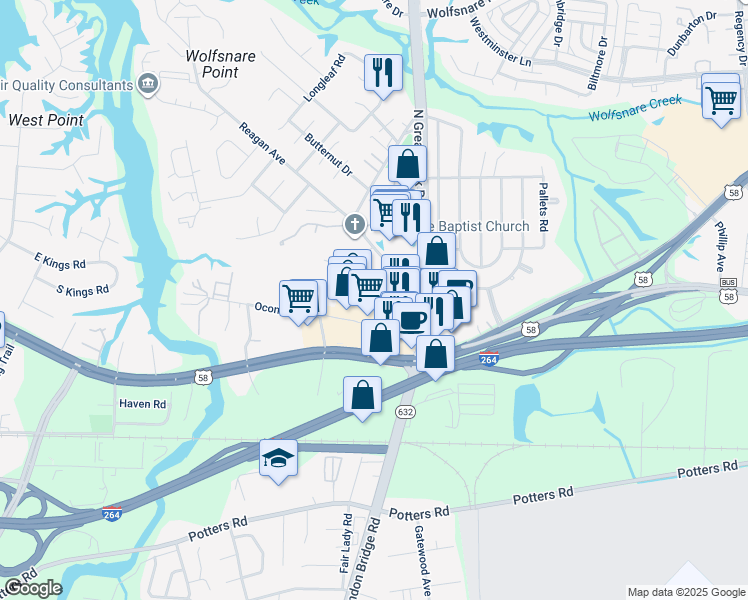 map of restaurants, bars, coffee shops, grocery stores, and more near 2346 Virginia Beach Boulevard in Virginia Beach