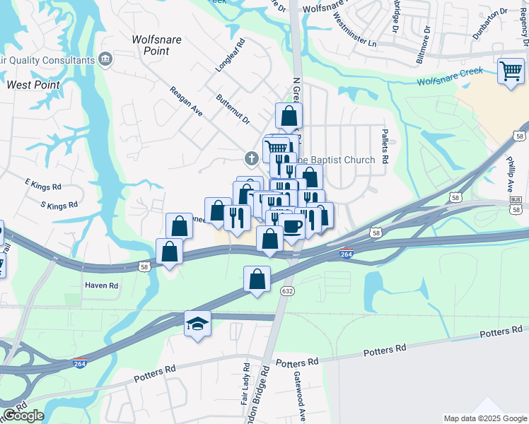 map of restaurants, bars, coffee shops, grocery stores, and more near 2346 Virginia Beach Boulevard in Virginia Beach