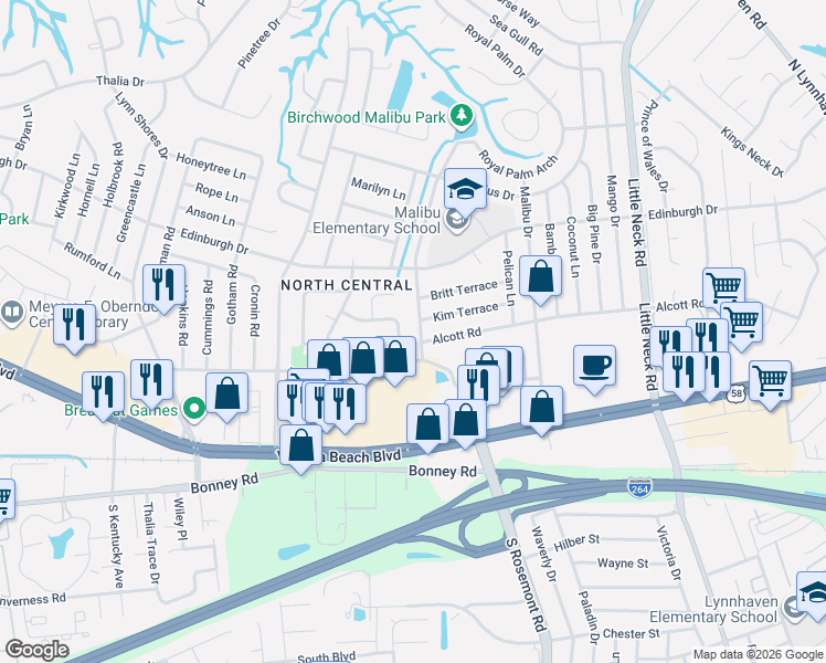 map of restaurants, bars, coffee shops, grocery stores, and more near 401 Moorland Drive in Virginia Beach