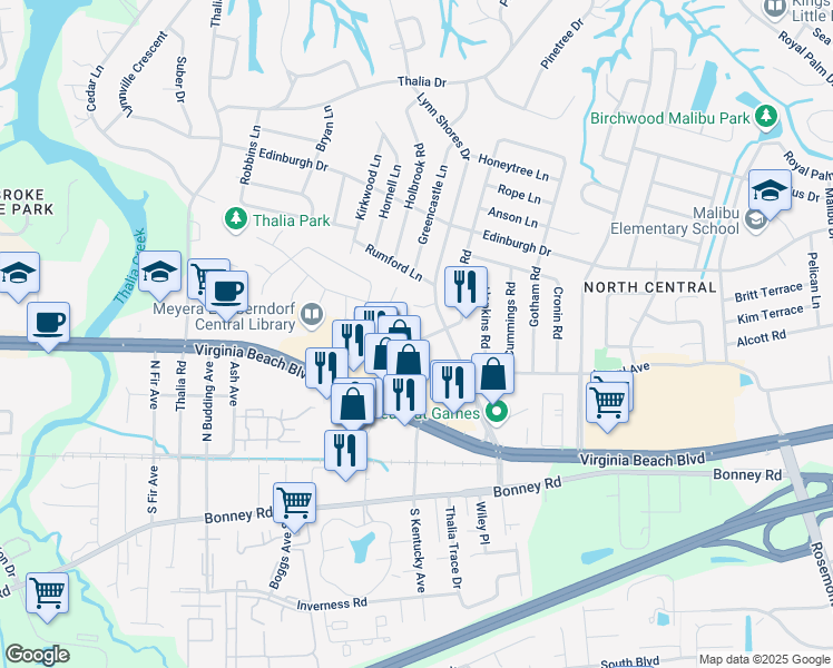 map of restaurants, bars, coffee shops, grocery stores, and more near 306 Seeman Court in Virginia Beach