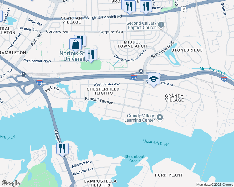 map of restaurants, bars, coffee shops, grocery stores, and more near 2708 Kimball Terrace in Norfolk