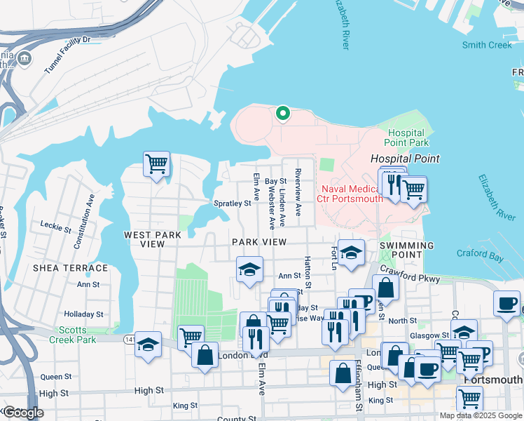 map of restaurants, bars, coffee shops, grocery stores, and more near 142 Webster Avenue in Portsmouth