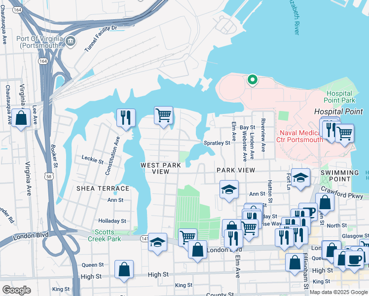 map of restaurants, bars, coffee shops, grocery stores, and more near 1500 McDaniel Street in Portsmouth