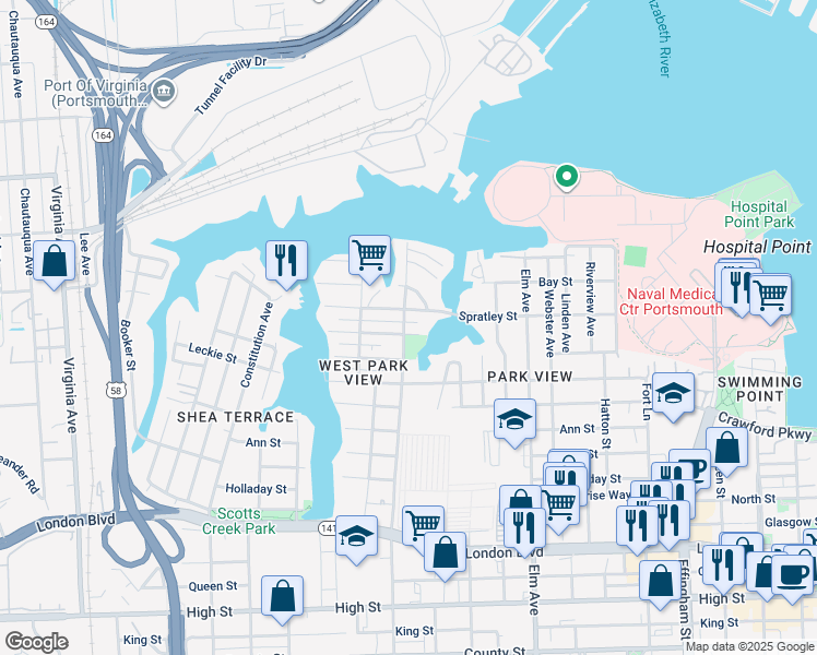 map of restaurants, bars, coffee shops, grocery stores, and more near 1608 McDaniel Street in Portsmouth