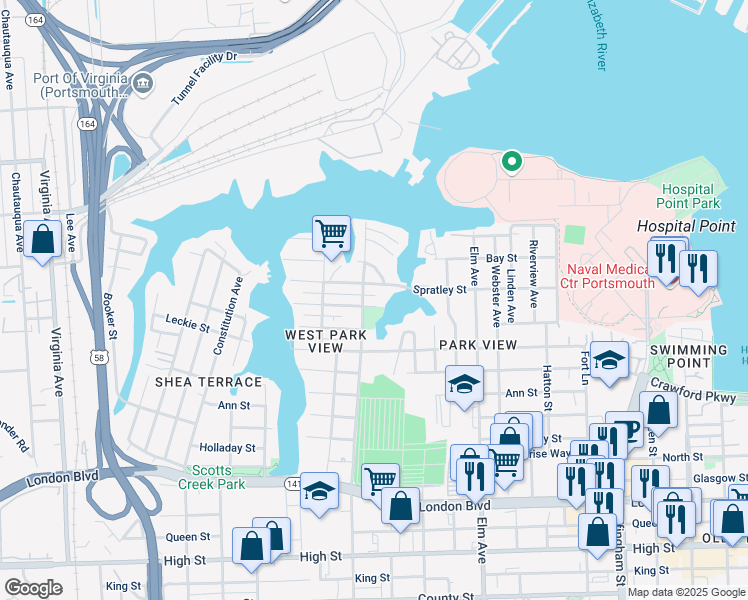 map of restaurants, bars, coffee shops, grocery stores, and more near 1500 McDaniel Street in Portsmouth