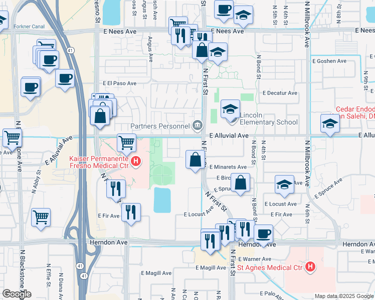 map of restaurants, bars, coffee shops, grocery stores, and more near 485 East Alluvial Avenue in Fresno