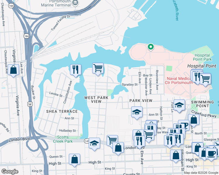 map of restaurants, bars, coffee shops, grocery stores, and more near 1500 McDaniel Street in Portsmouth