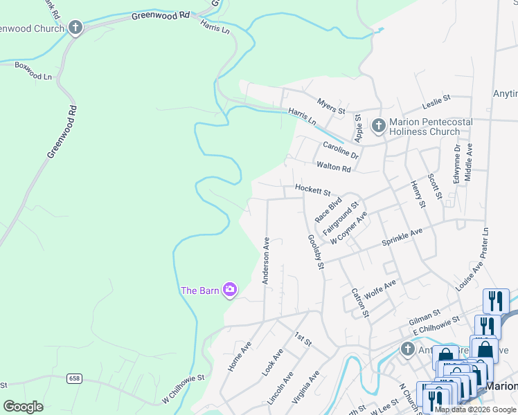 map of restaurants, bars, coffee shops, grocery stores, and more near 800-810 Anderson Ave in Marion