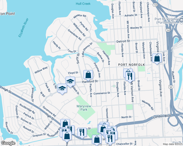 map of restaurants, bars, coffee shops, grocery stores, and more near 675 Lake Shores Drive in Portsmouth