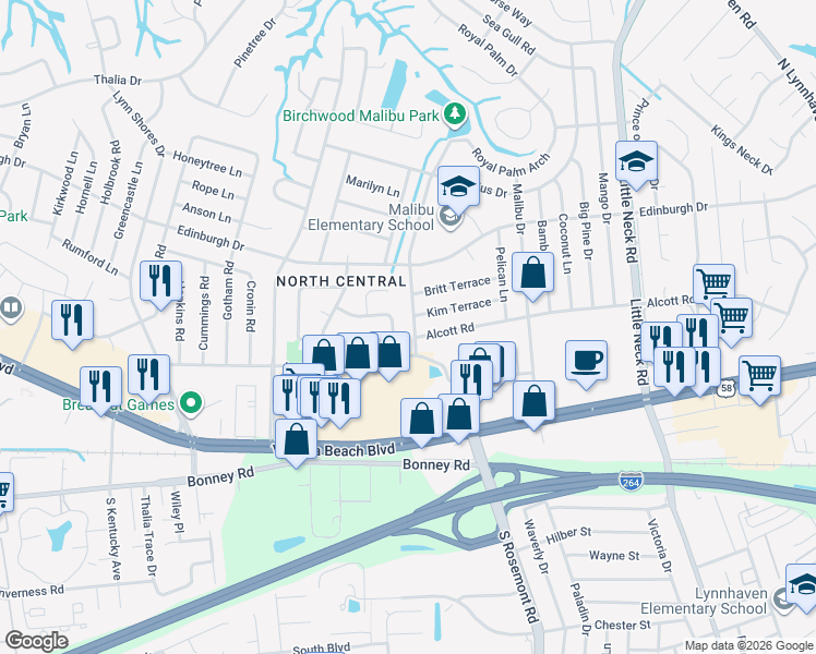 map of restaurants, bars, coffee shops, grocery stores, and more near 401 Moorland Drive in Virginia Beach
