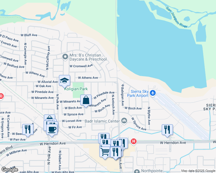 map of restaurants, bars, coffee shops, grocery stores, and more near 7383 North Antioch Avenue in Fresno