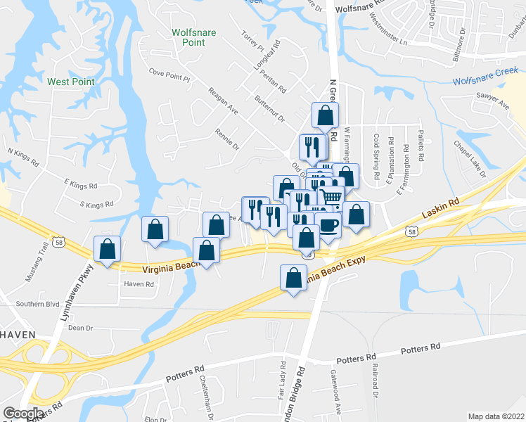 map of restaurants, bars, coffee shops, grocery stores, and more near 2421 Julie Court in Virginia Beach