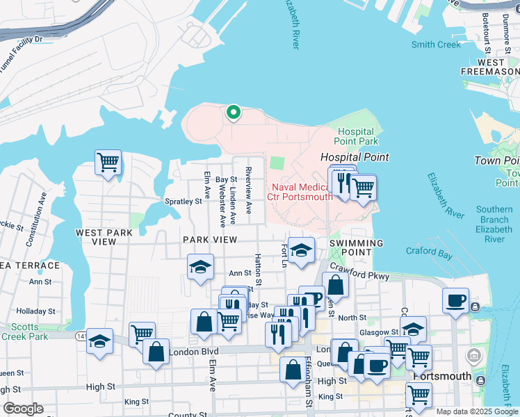 map of restaurants, bars, coffee shops, grocery stores, and more near 114 Parkview Avenue in Portsmouth