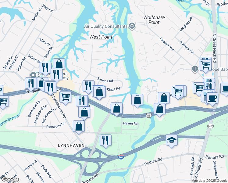 map of restaurants, bars, coffee shops, grocery stores, and more near 2625 South Kings Road in Virginia Beach